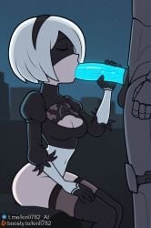 1boy 1girls 2b_(nier:automata) ai_generated black_gloves boosty_username breasts cleavage_cutout closed_eyes clothing_cutout covered_navel fellatio female from_side highleg_leotard kirill782 medium_breasts nier nier:_automata nier:automata nier_(series) night night_sky oral penis puffy_sleeves robot short_hair sitting sky stable_diffusion star_(sky) telegram_username thighhighs_under_boots watermark white_hair yorha_2b