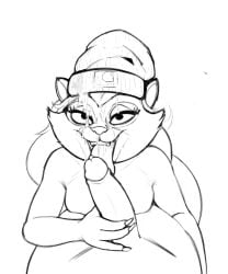 2026 4_fingers 5:6 absurd_res anthro beanie beanie_only bodily_fluids breasts catrina_(mlp) claws clothing cum cum_on_eye cum_on_face digital_drawing_(artwork) digital_media_(artwork) domestic_cat duo erection felid feline felis female fingers genital_fluids genitals hair half-closed_eyes hasbro hat hat_only headgear headgear_only headwear headwear_only hi_res humanoid_genitalia humanoid_penis licking looking_at_viewer male male/female mammal medium_breasts monochrome mostly_nude mostly_nude_female my_little_pony narrowed_eyes nude_male oral penile penis penis_lick sex simple_background solo_focus teeth tongue white_background zambs