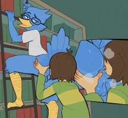 absurd_res anal anthro anus ass ass_focus balls beak berdly blue_body blue_feathers blue_penis blue_skin blush bodily_fluids bottomless bottomless_anthro bottomless_male brown_hair butt_focus butt_sniffing deltarune feet fingers fridge_(artist) hair hair_between_eyes hair_over_eyes hi_res kris_(deltarune) licking licking_ass looking_back looking_down male male/male musk musk_clouds open_beak open_mouth oral penis textless textless_version undertale_(series)