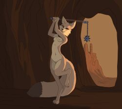 amber_eyes anthro barely_visible_genitalia black_tail_tip breasts canid canine cave_background dipstick_tail female fennec_fox flail fox front_view fur garbagegarage genitals hi_res holding_flail holding_melee_weapon holding_object holding_weapon mammal markings melee_weapon nude small_breasts solo standing tail tail_markings tan_body tan_fur true_fox weapon
