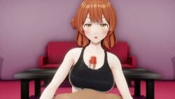 1boy 1girls 3d 89189_(artist) black_bra blush bouncing_breasts bra brown_eyes brown_hair censored couch cum cum_on_breasts cum_on_face ejaculation furniture gakuen_idolmaster hanami_ume hands-free hands-free_paizuri handsfree_ejaculation indoors licking_lips light-skinned_female light-skinned_male light_skin living_room male_pov mosaic_censoring paizuri pov room sound table tagme video