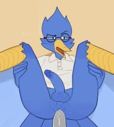 2022 2boys absurd_res ambiguous_fluids ambiguous_penetration anal anal_sex anthro anthro_penetrated anus ass avian balls berdly bird blue_body blue_feathers blue_skin bodily_fluids bottomless clothed clothing deltarune digital_media_(artwork) first_person_view fridge_(artist) gay genitals grey_body grey_penis hi_res male_only penetration penile penile_penetration penis penis_in_ass polo_shirt sex shirt simple_background textless textless_version tongue topwear undertale_(series) yaoi