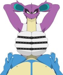 alternative_fashion angel_(jospehvan) anthro balls belt_bra belt_only big_balls big_breasts big_penis blue_body bodily_fluids breasts digital_media_(artwork) duo female generation_1_pokemon genitals goth green_eyes hands_behind_head hi_res huge_breasts huge_cock hyper hyper_genitalia hyper_penis intersex_(lore) jospehvan leslie_(jospehvan) lipstick lipstick_on_penis makeup male male/female mascara mismatched_sexual_dimorphism nidoking nidoqueen nintendo nipples penis pixel_(artwork) pokemon pokemon_(species) purple_body saliva saliva_on_breasts saliva_on_penis
