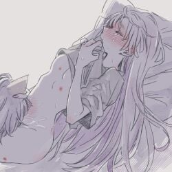 2girls animal_ears bite_mark bite_mark_on_thigh blush breasts cho_kaguya-hime! chou_kaguya-hime! clothes_lift commentary cunnilingus ear_blush fox_ears hand_on_another's_head hickey long_hair medium_breasts multiple_girls oral pillow pussy_juice runami_yachiyo sakayori_iroha shirt shirt_lift untranslatable_commentary xxxxxio55 yuri