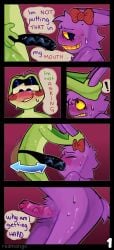 anthro anthro_on_anthro comic comic_page dialogue dubcon dubious_consent frog jax_(the_amazing_digital_circus) lesbian lesbian_domination penetration purple_fur rabbit redmango ribbit_(the_amazing_digital_circus) strap-on the_amazing_digital_circus throat_fuck trans_woman