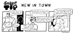 2boys all_fours anthro ass back_view blush blushing butt clothed clothing comic dialogue english_text furry gay looking_at_another male male/male male_only mature_male muscular muscular_male plumber presenting_ass ripped_pants spedumon text younger_male