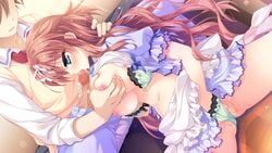 blue_eyes blush breasts censored female game_cg hair_ribbon large_breasts long_hair mosaic_censoring nae-nae nekojou_hinana nipples ribbon tagme wan_nyan_a_la_mode!