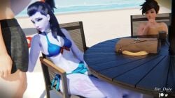1boy 2girls 2girls1boy 3d 3d_(artwork) 3d_model amelie_lacroix beach black_hair blizzard_entertainment blue_hair blue_skin british british_female cg cgi cgi_girl clothed clothed_female clothed_female_clothed_female clothed_female_clothed_male clothed_male clothed_male_clothed_female cote_d'azur_widowmaker day daylight daytime ent_duke french french_female interested lena_oxton looking_at_another looking_at_clothing looking_at_partner overwatch overwatch_2 sea seaside seductive seductive_gaze seductive_look seductive_smile sitting sitting_on_chair standing swimsuit swimwear table tracer widowmaker yellow_swimsuit