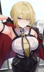 armpit_crease armpits bare_shoulders black_choker black_gloves black_jacket black_pants blonde_hair blue_sky breasts choker collared_shirt commentary day elbow_gloves evelyn_chevalier female female_only gloves high-waist_pants highres indoors jacket jacket_on_shoulders large_breasts looking_at_viewer massoukei necktie pants parted_lips presenting_armpit pulling_own_clothes shirt short_hair sidelocks signature single_elbow_glove sky solo sweat tight_clothes tight_pants white_shirt yellow_necktie zenless_zone_zero