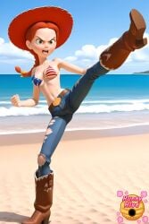 1female 3d ai_generated american_flag_bikini angry angry_expression angry_eyes angry_face angry_female artist_logo ass bare_arms bare_chest bare_shoulders bare_skin bare_stomach beach beach_background belly_button belt bikini bikini_top blue_sky boots braid braided_hair braided_ponytail breasts brown_boots brown_footwear cleavage clothed clothed_female clothing clouds cosplay cosplaying_as_character cowboy_boots cowboy_hat cowgirl_boots cowgirl_hat daytime denim denim_bottomwear denim_clothing denim_jeans english_text eyebrows female female_only footwear fully_clothed fully_clothed_female ginger ginger_female ginger_hair green_eyes green_eyes_female hair hair_braid hat headwear high_res high_resolution highres hunnyhive(artist) jeans jessie_(toy_story) kicking light-skinned_female light_skin midriff navel one_leg_raised one_leg_up open_mouth outdoors pants pixar red_hair red_hair_female red_hat red_headwear redhead_female redheaded_female revealing_clothes revealing_swimsuit ripped_clothing ripped_jeans ripped_pants sand scantily_clad shirtless_female shoulders solo solo_female standing standing_female standing_on_one_leg stomach string_bikini string_bikini_top swimsuit swimsuit_top swimwear teeth teeth_showing teeth_visible tight_clothing tight_jeans tight_pants tina_armstrong_(cosplay) tongue toy_story underboob water waves