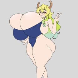 1girl ass_visible_through_thighs blush breasts cleavage closed_eyes closed_mouth female from_side gigantic_breasts huge_ass hyper_breasts inakotho kobayashi-san_chi_no_maidragon lucoa miss_kobayashi's_dragon_maid one-piece_swimsuit skindentation smile solo swimsuit thick_thighs top_heavy undersized_clothing v wide_hips