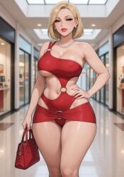 ai_generated asymmetrical_clothes belly_button blonde_hair blurry_background bob_cut cleavage earrings elegant_dress female grok hand_on_hip handbag holding_bag holding_object large_breasts lipstick milf miniskirt monokini necklace nipple_outline pearl_earrings pearl_necklace pelvic_line rgomez007 ring seductive_look self_upload shopping shopping_bag shopping_mall short_hair sideboob skindentation smiling_at_viewer solo_female stable_diffusion thick_lips thick_thighs underboob wide_hips