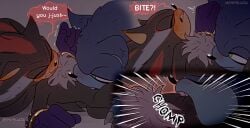 angry anthro bite blush bodily_fluids clenched_teeth closed_eyes duo ear_blush eulipotyphlan fangs flustered hedgehog hi_res larger_male male mammal narrowed_eyes nibbling sega shadow_the_hedgehog shaking sharp_teeth shipslucia size_difference smaller_male smile smirk sonadow sonic_the_hedgehog sonic_the_hedgehog_(series) sonic_the_werehog sonic_unleashed speech_bubble sweat sweatdrop teeth vampire werecreature wereeulipotyphlan werehog