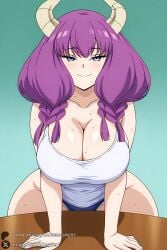 1female 1girls 2026 ai_generated artist_name aura_(sousou_no_frieren) bangs big_ass big_breasts blue_eyes braid breasts cleavage collarbone curvy female female_only frieren_beyond_journey's_end gradient gradient_background hi_res high_quality high_resolution highres horns huge_ass huge_breasts large_breasts long_hair looking_at_viewer patreon patreon_username purple_hair simple_background smile solo sousou_no_frieren sweat tank_top twin_braids unjobdespiert watermark web_address