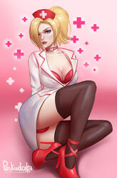 2d blonde_hair blue_eyes bra bra_peek breasts choker cleavage doctor dress female female_only high_heels lingerie looking_at_viewer mercy minidress nurse nurse_cap nurse_uniform overwatch panties paskudaka pencil_dress red_bra red_heels red_high_heels red_lingerie solo stockings thigh_highs thong updress white_dress