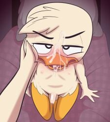 after_fellatio after_oral after_sex anatid anseriform anthro avian balls beak bed bird blush bodily_fluids cub cum cum_from_mouth cum_in_mouth cum_inside cum_on_beak cum_on_face cum_on_tongue cum_string digital_media_(artwork) disney duck ducktales ducktales_(2017) duo erection feathers first_person_view foreskin furniture genital_fluids genitals hair half-closed_eyes hand_on_cheek hi_res humanoid_genitalia kneeling limettin looking_at_viewer louie_duck male male_cub male_only narrowed_eyes nipples on_bed open_beak open_mouth oral partially_retracted_foreskin penis pillow tongue tongue_out white_body young young_anthro young_male