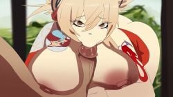 1boy 1girls 2d 2d_animation angel_1776 angel_of_light animated ass ass_up ass_view ass_visible blonde_hair breasts brown_eyes dark-skinned_male duo fellatio female female_focus genshin_impact huge_breasts kaeya_(genshin_impact) large_breasts looking_at_viewer male male_pov mp4 oral oral_sex paizufella paizuri penis shorter_than_30_seconds skirt skirt_lift sound tagme video voice_acted yoimiya_(genshin_impact)