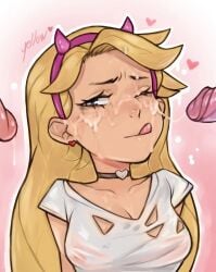 1girls 2boys arms_behind_back artist_signature bangs blonde_hair blue_eyes breasts choker cleavage clothed_female_nude_male collarbone commentary cum cum_on_eye cum_on_eyes cum_on_face cum_on_forehead cum_on_hair cum_string cumshot demon_horns disembodied_penis disney disney_channel disney_xd earrings english_commentary facial fake_horns female furrowed_eyebrows heart heart_choker heart_earrings horns jewelry licking_cum licking_lips long_hair looking_at_penis male multiple_penises nipples no_bra one_eye_closed penis runny_makeup see-through see-through_shirt shirt small_breasts star_butterfly star_vs_the_forces_of_evil straight tongue tongue_out torn_clothes wet wet_clothes wet_shirt wet_t-shirt yellowroom