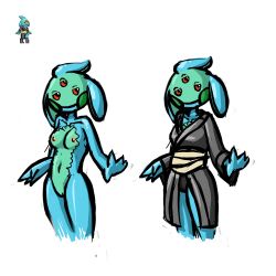amphibian artist_request clothed_and_nude_version clothing female hylotl kimono naked nude reference_image starbound tagme unknown_artist