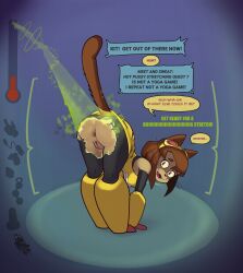 anthro anus breasts brown_body brown_hair butt camel_toe clothed clothing crotchless_bottomwear crotchless_clothing dialogue digital_media_(artwork) domestic_cat embarrassing_exposure embarrassing_nudity english_text eyewear felid feline felis female fur gameoverse gameplay_mechanics genital_outline genitals glitch_productions goggles hair hi_res hud image_sequence kit_(gameoverse) kit_bodega mammal nervous nervous_smile newd open_mouth questionable_consent shocked simple_background smile solo speech_bubble stretching tail teeth text tongue torn_clothing upskirt vulva vulva_outline whiskers yellow_clothing