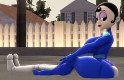 1girl 3d 3d_(artwork) agent_honeydew background big_ass big_breasts big_butt black_hair blue_bodysuit bodysuit dexter's_laboratory doll facesitting female lipstick looking_down sitting sitting_on_person smothering smothering_ass tagme tight_bodysuit