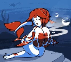 1girls after_transformation chabble closed_eyes fin fish_girl fish_tail lactation malon milk post-transformation red_body red_nipples sitting squeezing_breasts squeezing_breasts_together tagme the_legend_of_zelda transformation underwater white_body zora