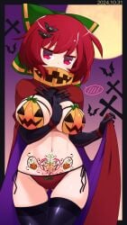 1girls abs ass_visible_through_thighs bat belly belly_button big_breasts bikini black_thigh_highs black_thighhighs blush blush_lines blushing bow bow_bikini bow_bra bow_panties bowtie cape cloak dullahan eyemask female female_only grave green_bow green_ribbon green_ribbons hair_clip hair_clips halloween halloween_costume halloween_pumpkin halloween_theme latex latex_clothing latex_gloves latex_thighhighs lifting_own_clothes mask masked masked_female moon mouth_covered muchin_jousha navel pubic_tattoo pumpkin_bikini red_cloak red_eyes red_hair red_panties ribbon ribbons rokurokubi sekibanki side-tie_bikini solo stomach sweat sweatdrop tattoo thick_thighs thighhighs thighs touhou vagina_visible_through_clothing wide_hips wide_thighs womb_tattoo youkai