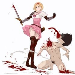 1boy 1girls amputee bar_censor beheaded black_hair black_hair_male black_pubic_hair blonde blonde-haired_female blonde_female blonde_hair blonde_hair_female blood blood_on_body blood_on_leg blood_on_thighs blood_on_weapon boots brown_boots brown_eyes brown_eyes_female censor_bar censored censored_penis clothed_female_nude_male completely_nude completely_nude_male cum dead death deathgasm djeeta_(granblue_fantasy) dress ejaculation femdom gore granblue_fantasy guro hairband hands-free high_heel_boots high_heels high_resolution hourglass_figure killing male_death male_pubic_hair micropenis navel nipples nude_male nude_male_clothed_female orgasm pink_dress pink_skirt pubic_hair red_hairband semen seset simple_background skirt sword thick_thighs thigh_boots thighs weapon white_background