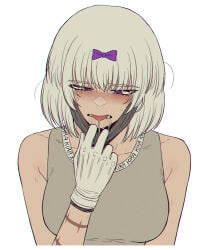bare_shoulders blush bow breasts collarbone drool drool_on_face drooling drooling_tongue facemask gloves hair_accessory hair_ornament kira_(limbus_company) light_skin limbus_company looking_down mask messy_hair misg1111 project_moon purple_eyes removing_mask scar sharp_teeth sweat sweaty tank_top the_middle_(identity)_(project_moon) the_middle_(project_moon) tongue tongue_out uncomfortable unkempt unkempt_hair white_hair