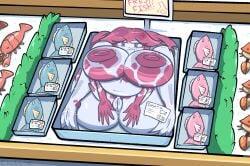 1girls after_transformation angry annoyed chabble compacted crab fin fish fish_girl fish_tail lobster malon packaged post-transformation purple_eyes red_body red_nipples seafood sealed sitting stuck tagme the_legend_of_zelda transformation trapped white_body zora