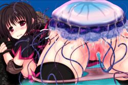 animated bent_over black_hair blush bottomless breasts brown_eyes elbow_pads female from_behind game_cg hanging_breasts interspecies jellyfish monster mushi_no_kangoku nipples open_clothes open_shirt partially_submerged penetration pussy pussy_juice shirt tease tentacle thighhighs uncensored vaginal_penetration viscaria water wet_panties zoophilia