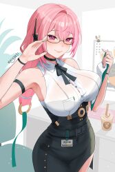 1girls absurdres adapted_costume arm_strap armpits artist_name bare_shoulders big_breasts black-framed_eyewear black_bra black_ribbon black_skirt blush bra bra_visible_through_clothes button_gap clipboard closed_mouth collared_shirt commentary earpiece english_commentary female female_only fingernails hair_between_eyes high-waist_skirt highres holding holding_clipboard id_card indoors looking_at_viewer massoukei nail_polish neck_ribbon pink_eyes pink_hair pink_nails ribbon semi-rimless_eyewear shirt skirt sleeveless sleeveless_shirt smile solo sweat tsukishiro_yanagi under-rim_eyewear underwear white_shirt zenless_zone_zero