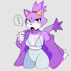 1girls anthro blaze_the_cat blush blush_lines bra cat_ears cat_tail catgirl caught_off_guard coat covered_navel covered_nipples ear embarrassed exclamation_point eyelashes felid feline female female_only fur furry gem_on_forehead gloves hair_tie high_waisted_pants humanoid inner_sideboob leggings mobian navel navel_visible_through_clothes open_mouth purple_body purple_fur removing_clothing removing_shirt ryuuuk1 sagging_breasts saggy_breasts shocked_expression skin_tight solo sonic_(series) sonic_the_hedgehog_(series) sweat sweatdrop tail tight_clothing undressing upper_body yellow_eyes