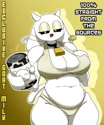 1girls 2_horns anthro belly belly_button big_breasts bra breasts bunny_maloney charlotte_(bunny_maloney) cowbell cowbell_collar english_text female goat goat_ears goat_girl goat_horns holding holding_milk horn horns looking_at_viewer milk milk_bottle panties smile smiling smiling_at_viewer solo tagme tail thick_thighs thighs