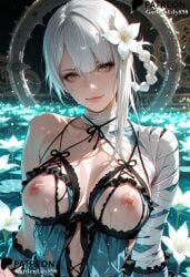 ai_generated kaine_(nier) nier nier_replicant nipples_out open_clothes skimpy_clothes smile white_flower white_hair yellow_eyes