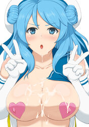 :0 absurdres blue_eyes blue_hair blush breasts bukkake cum cum_on_body cum_on_breasts cum_on_upper_body double_bun double_v elbow_gloves facial female gloves hair hat headgear heart_pasties highres janjan_umatarou kantai_collection large_breasts open_mouth pasties pink_heart_pasties pink_pasties school_uniform serafuku urakaze_(kantai_collection) v white_gloves