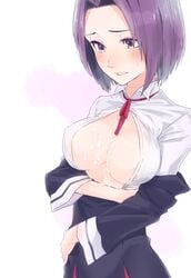 breasts cleavage cum cum_on_body cum_on_breasts cum_on_upper_body female hair_intakes highres kantai_collection kofunami_nana large_breasts purple_eyes purple_hair short_hair solo tatsuta_(kantai_collection) undressing