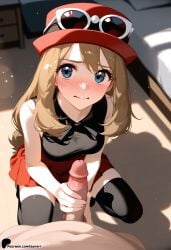 1boy 1girl black_legwear blue_eyes blurry blush depth_of_field eyewear_on_head goggles goggles_on_head hetero indoors long_hair looking_at_viewer penis pov solo_focus sunglasses thighhighs pokemon serena_(pokemon) serena_(pokemon_games) nintendo game_freak pokemon_xy sunori ai_generated uncensored