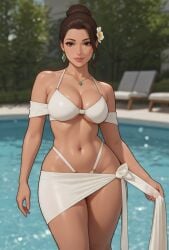 1girls ai_generated black_hair blurry_background bursting_breasts caramel-skinned_female cel_shading cleavage earrings female grok hair_bun hair_strand holding_clothing hourglass_figure large_breasts lounge_chair milf necklace off_shoulder off_shoulder_bikini pelvic_line poolside revealing_clothes rgomez007 sarong self_upload skimpy skimpy_bikini smiling solo_female stable_diffusion swimming_pool thick_lips thick_thighs underboob updo warm_lighting white_clothing wide_hips