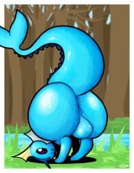 anus ass_up balls bent_over big_balls big_butt blue_body butt digital_media_(artwork) eeveelution feral fin fish_tail forest_background generation_1_pokemon genitals glistening glistening_body glistening_butt hi_res huge_butt looking_at_viewer male nintendo one_eye_closed outside pincoosh pokemon pokemon_(species) presenting presenting_hindquarters quadruped raised_tail river signature solo tail vaporeon wink winking_at_viewer