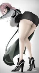 1girls ass black_footwear black_gloves black_skirt breasts dress_shirt female female_only from_behind full_body glasses gloves hair_between_eyes high-waist_skirt high_heels highres large_breasts long_hair looking_at_viewer looking_back mait pencil_skirt shadow shirt sideboob sidelocks simple_background skirt solo standing tsukishiro_yanagi zenless_zone_zero