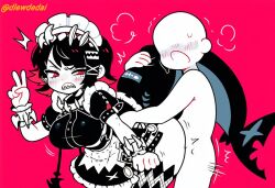 1boy 1girls ai_assisted annoyed dlewdedai ellen_joe faceless_male female from_behind peace_sign shark_girl shark_tail sharp_teeth zenless_zone_zero