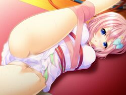 ass bishop_(company) blue_eyes blush bow breasts cameltoe clothing female game_cg houkago_3_~nerawareta_junketsu~ petite pink_hair pussy suzaka_miho sweat