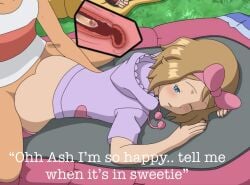 2d 2d_(artwork) ai_assisted canon canon_couple caption degradation_text dissappointing_sex edit edited_art edited_screencap english_text game_freak humiliation innocent love love_making nintendo outside pokemon pokemon_(anime) pokemon_xy prone_bone satoshi_(pokemon) serena_(pokemon) small_breasts small_penis small_penis_adoration small_penis_humiliation teasing unsatisfied wholesome wholesome_sex