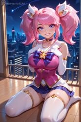 ai_generated clothed heavenly_art kneeling large_breasts league_of_legends luxanna_crownguard on_knees pink_eyes pink_hair riot_games solo star_guardian_lux