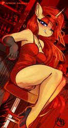 2026 absurd_res anthro bar bar_stool blush clothing digital_media_(artwork) equid equine eyebrows fan_character female fingers footwear furniture genitals hair hasbro hi_res horn mammal my_little_pony mythological_creature mythological_equine mythology nevobaster one_eye_closed purple_eyes solo stool tail unicorn vulva