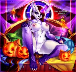 absurd_res anthro bed bedroom_eyes candle canid canine carved_pumpkin chest_tuft claws cloud curtains curtains_open dialogue elemental_manipulation female fire fire_manipulation floating_candle furniture hair halloween halo hi_res holidays jack-o'-lantern looking_at_viewer magic mammal markings minamikoboyasy moon mythological_canine mythological_creature mythology narrowed_eyes pillow red_hair red_moon seductive selune_darkeye smile smiling_at_viewer snip_(marking) solo tuft werecanid werecanine werecreature werewolf window