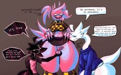 animal_genitalia animal_penis anthro anthro_on_anthro ball_fondling balls black_body black_bottomwear black_claws black_clothing black_hair black_scales black_skirt blue_body blue_clothing blue_fur blue_hair blue_sweater blue_topwear blush bodily_fluids bottomless bottomwear canid canine canine_genitalia canine_penis cant_get_past_cheeks checkered checkered_clothing checkered_legwear checkered_shirt checkered_topwear claws clothed clothing collar dialogue english_text erection eyeless fondling fur genital_fluids genitals group gynomorph gynomorph/male hair hi_res huge_thighs humiliation ika_(snazlazzle) intersex intersex/male kaien_(snazlazzle) kiki_(snazlazzle) knot legwear male mammal miniskirt motion_lines mouthless no_pupils no_underwear nonbinary_(lore) pattern_clothing pattern_legwear pattern_shirt pattern_topwear penis penis_humiliation pink_balls pink_body pink_clothing pink_fur pink_hair pink_sheath pink_shirt pink_topwear precum purple_clothing purple_shirt purple_topwear red_penis scales scalie sheath shirt skirt small_balls small_penis small_penis_appreciation small_penis_humiliation snazlazzle speech_bubble spiked_collar spikes sweater tail tail_motion tailwag text thick_thighs topwear trio white_body white_eyes white_hair white_scales wide_hips yellow_clothing yellow_legwear yellow_shirt yellow_topwear