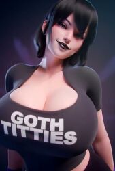 1girls ai_assisted ai_generated animated black_hair black_lipstick blue_eyes bouncing_breasts breasts cleavage clothing english_text goth hotel_transylvania huge_breasts large_breasts lipstick mavis_dracula meme no_sound scrag_boy_(style) scrag_mavis text vertical_video video