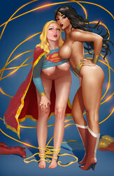 2d 2girls amazon ass background barefoot belly bending_forward big_breasts black_hair blonde_hair blue_background blue_eyes bondage boots bottomless bracelet breasts brown_eyes cape clothes_removed clothing dark_skin dc dc_comics diana_prince duo feet female female_only hair heel_boots heels high_heel_boots justice_league kara_zor-el knees kryptonian large_breasts lasso lasso_of_truth legs light_skin lipstick long_hair looking_at_viewer multiple_girls naked_boots naked_footwear navel nipples nude nude_female open_mouth partially_clothed pose red_lipstick rope rope_bondage shiny_skin shirt shirt_up sideboob simple_background stahlberg standing steven_stahlberg supergirl superman_(series) thighs tiara toes whip wonder_woman wonder_woman_(series)